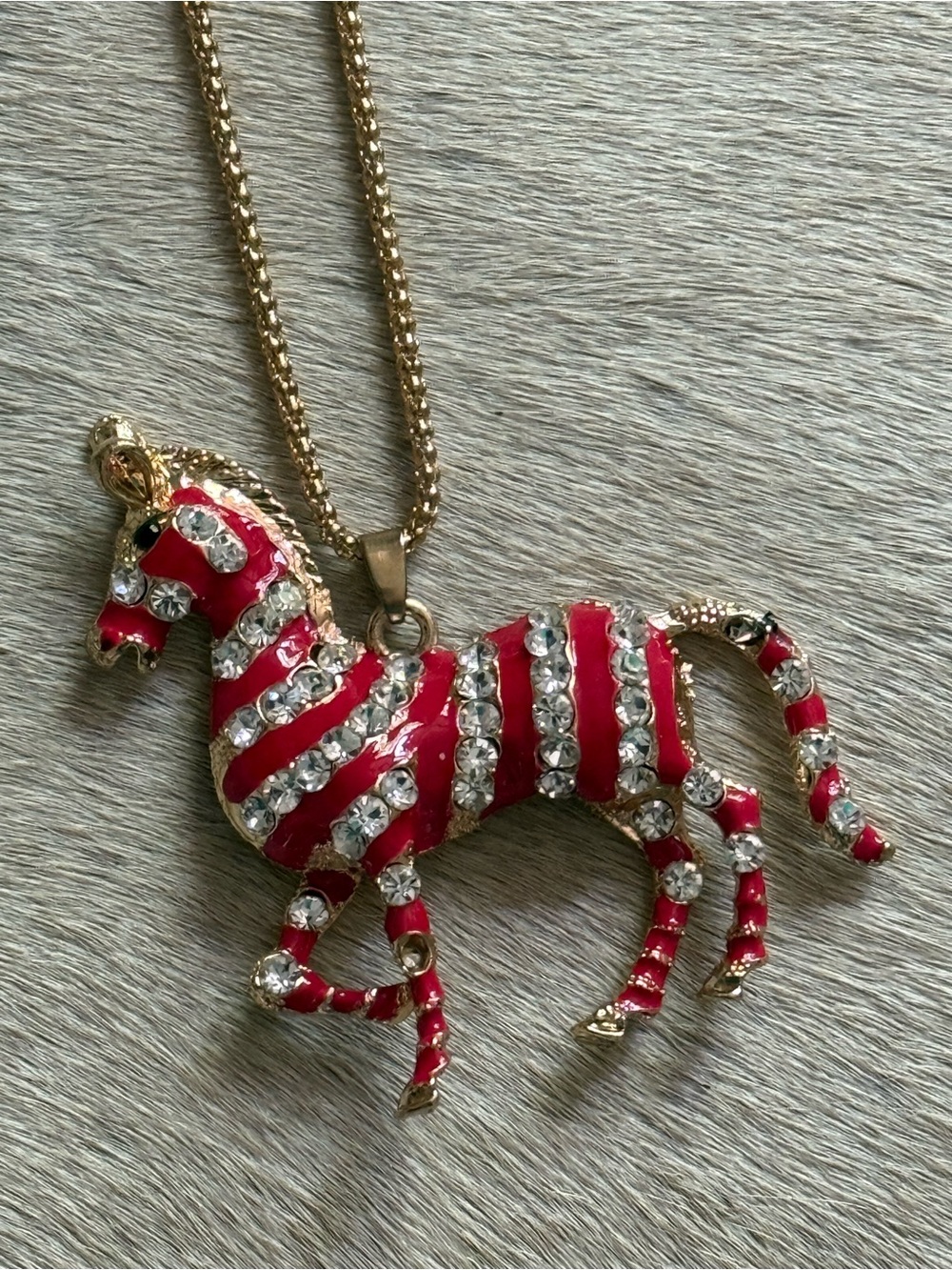 Betsey Johnson Gold-Tone Red Zebra Horse Pendant Necklace with Clear Crystals